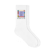 Mod photo frame design custom printed with your own photo and text on white cotton crew socks.