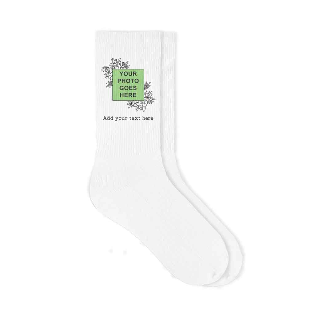Floral frame design custom printed with your own photo and text on white cotton crew socks.