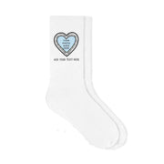 Heart shaped frame design custom printed on white cotton crew socks and personalized with your photo and text.