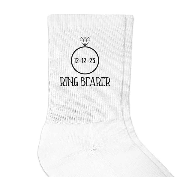 White ribbed crew socks custom printed with ring bearer design and customized with your wedding date.