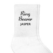 Ring bearer socks design digitally printed on white ribbed crew socks and personalized with your name.