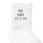 White ribbed crew socks custom printed with ring bearer and your wedding date.