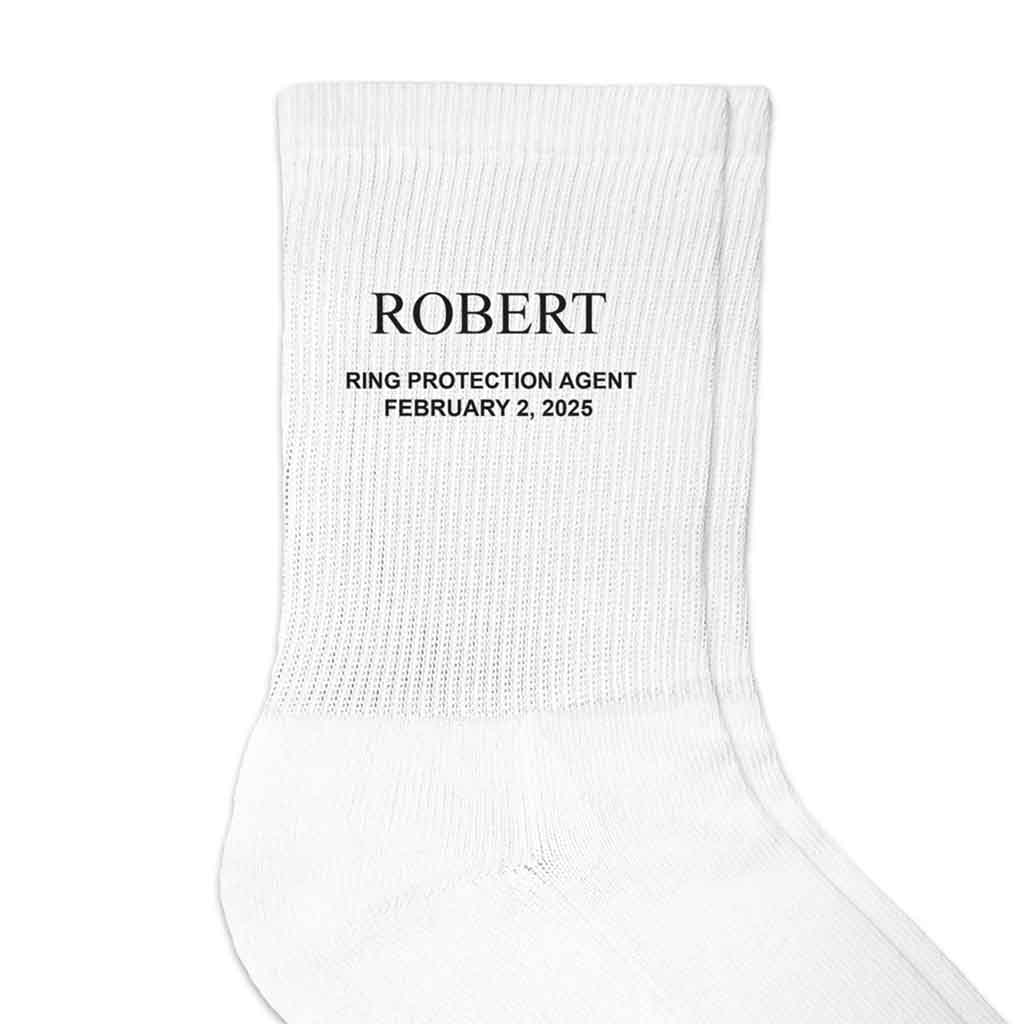 White ribbed crew socks custom printed with ring protection agent design and personalized with your name and date.