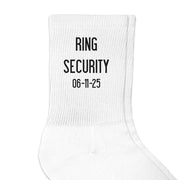 White ribbed crew socks digitally printed with ring security design and customized with your wedding date.