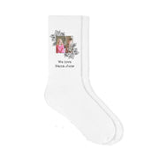 Floral frame design personalized with your own photo and text digitally printed on comfy white cotton crew socks.