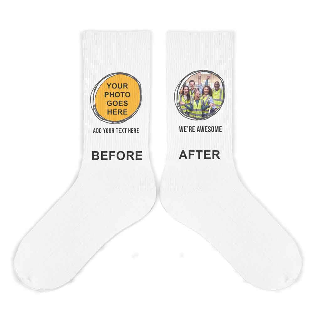 White cotton crew socks custom printed with your own photo and text in circle frame design.