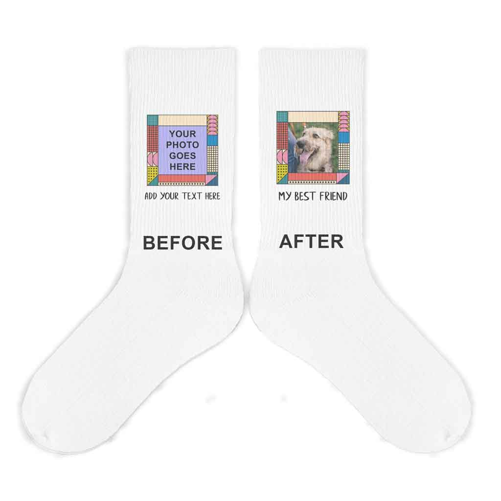 White cotton crew socks digitally printed with your own photo and text in a colorful mod frame design.