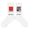 White crew socks custom printed with your photo framed in a polaroid print with your custom text printed on the outside of the socks.