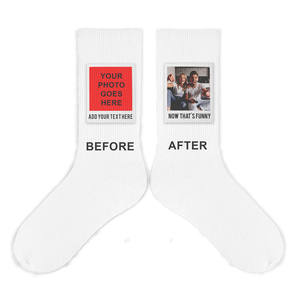 White crew socks custom printed with your photo framed in a polaroid print with your custom text printed on the outside of the socks.