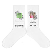 Custom printed floral frame personalized with your own photo and text digitally printed on white cotton crew socks.