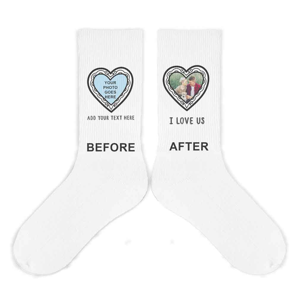 White cotton crew socks custom printed with heart frame design and personalized with your own photo and text.
