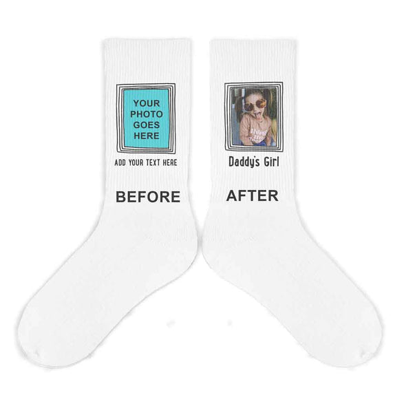 Custom printed framed photo and your text printed on white cotton crew socks.