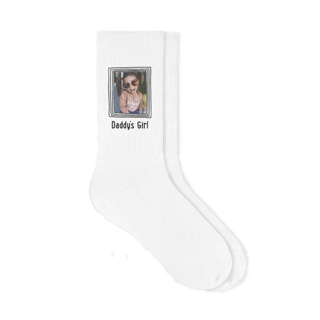 White cotton crew socks custom printed with framed photo and your text.