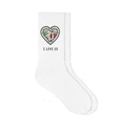 Fun heart shaped frame design custom printed on white cotton crew socks and personalized with your own photo and text.