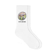 Circle shape frame design custom printed and personalized with your photo and text on white  crew socks.