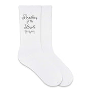 Wedding party socks with fun sayings for the brother of the bride digitally printed here to party design on the outside of the cotton socks.