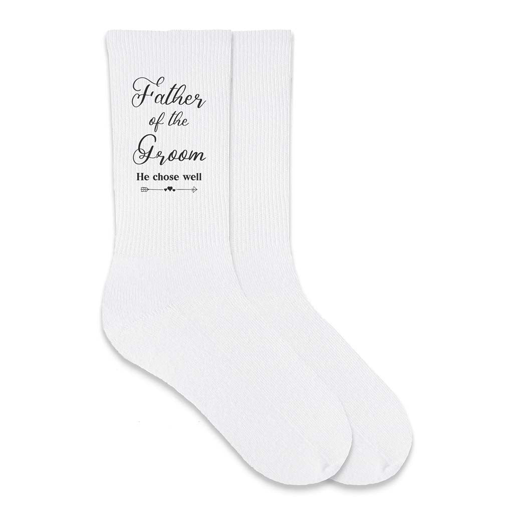 He chose well fun saying digitally printed in stylized font with father of the groom wedding role design on cotton socks.