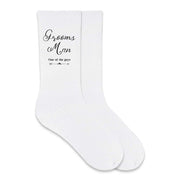 Wedding party socks with fun saying for the grooms man custom printed one of the guys design on the outside of both socks.
