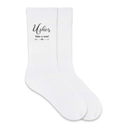 A practical gift idea your wedding party will love these printed wedding party socks with fun saying for the usher, take a seat.