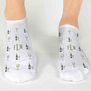 White wine winery design custom printed with your initials on white cotton no show socks.