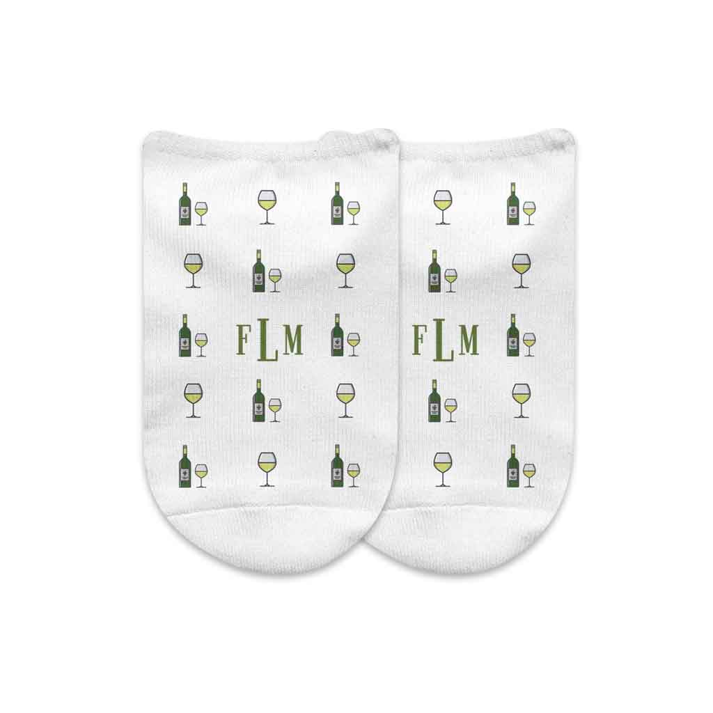 White wine design custom printed with your initials on white cotton no show socks.