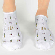Fun personalized socks custom printed with your initials and wine design on white cotton no show socks.