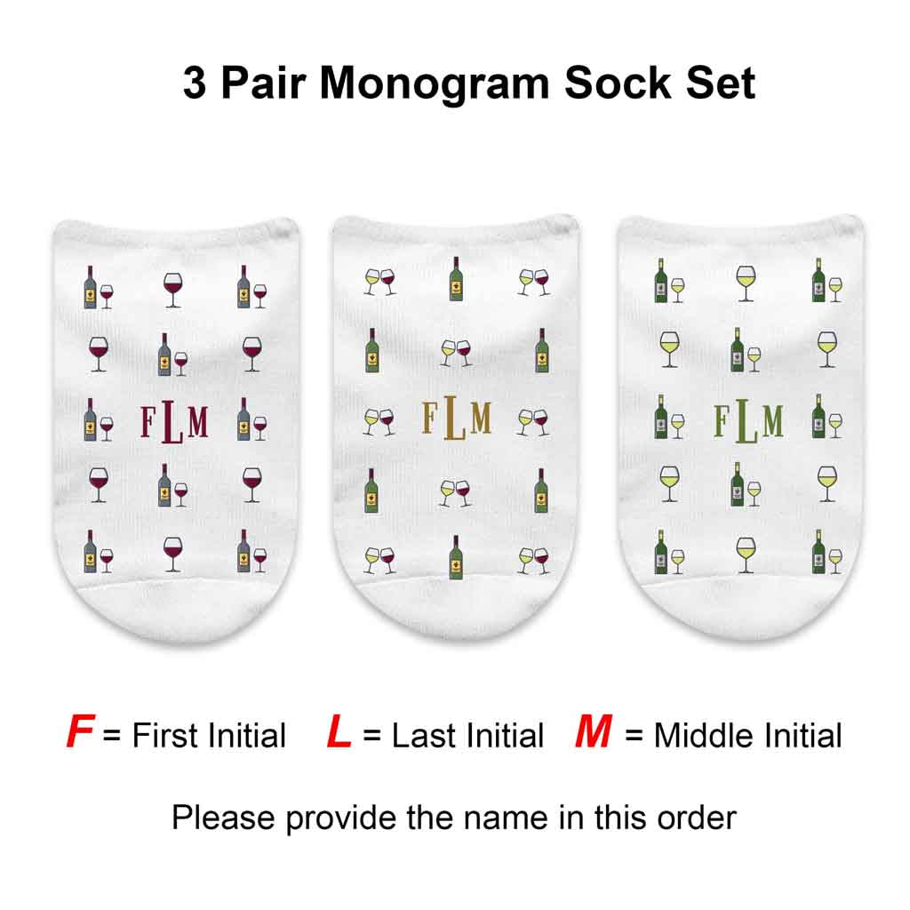 Three pair monogram sock set instructions to provide initials,