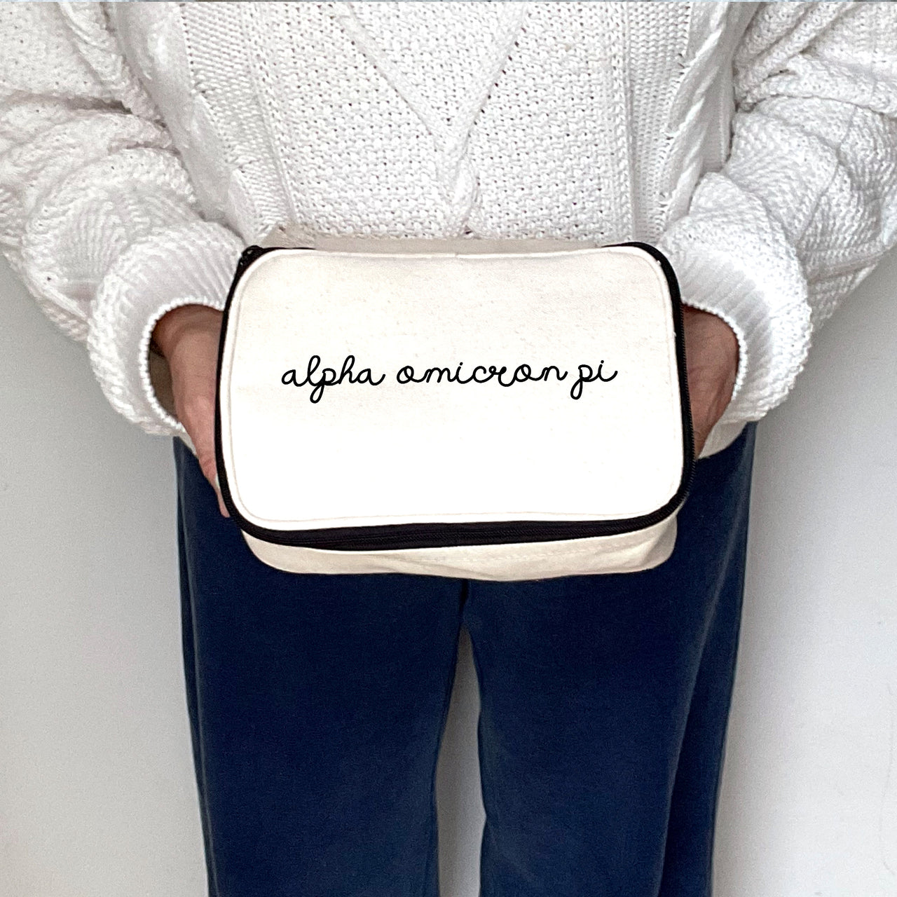 Close-up view of Alpha Omicron Pi Sorority Script Name Cosmetic Make Up Bag showing details of the design