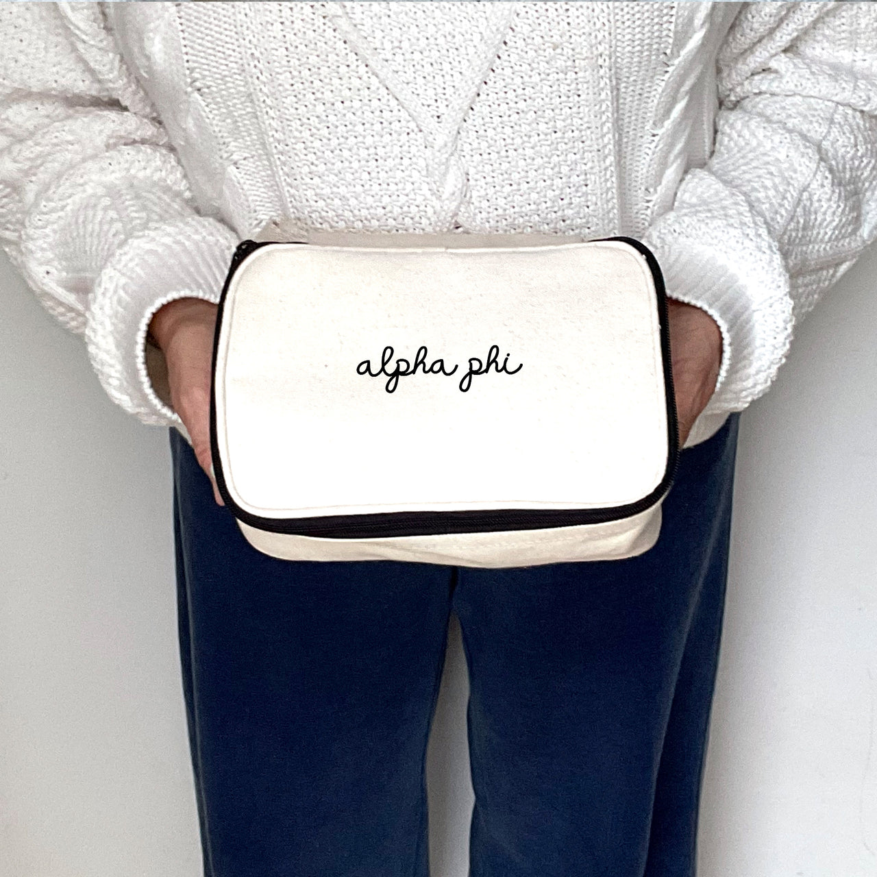 Close-up view of Alpha Phi Sorority Script Name Cosmetic Make Up Bag showing details of the design