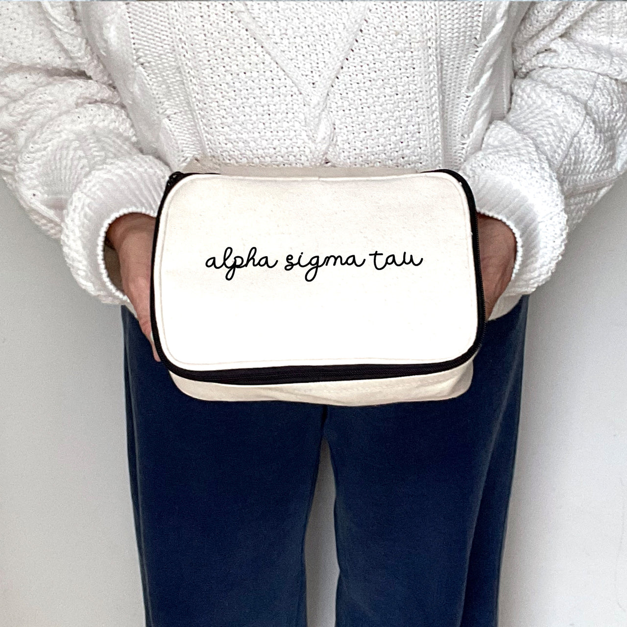 Close-up view of Alpha Sigma Tau Sorority Script Name Cosmetic Make Up Bag showing details of the design