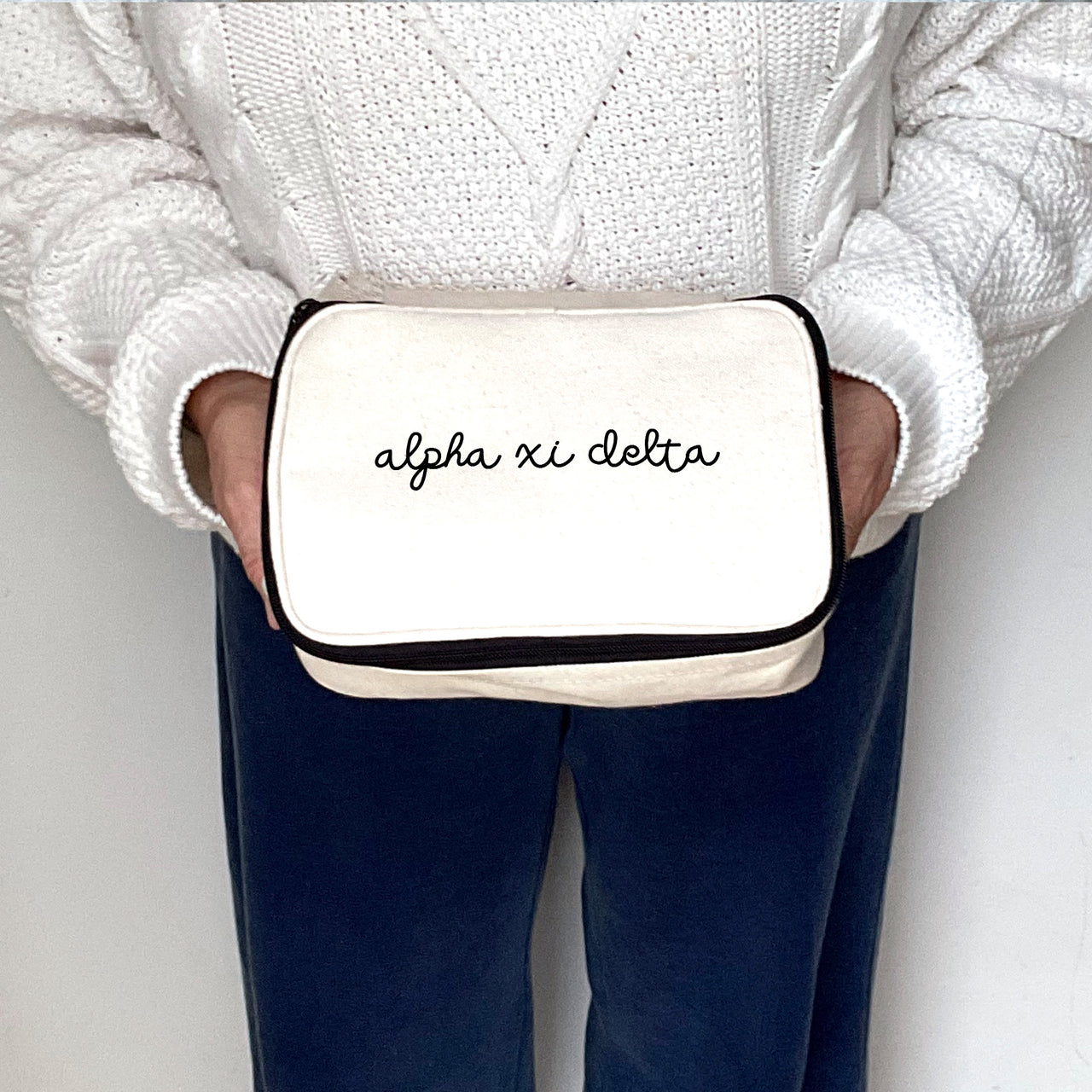 Close-up view of Alpha Xi Delta Sorority Script Name Cosmetic Make Up Bag showing details of the design