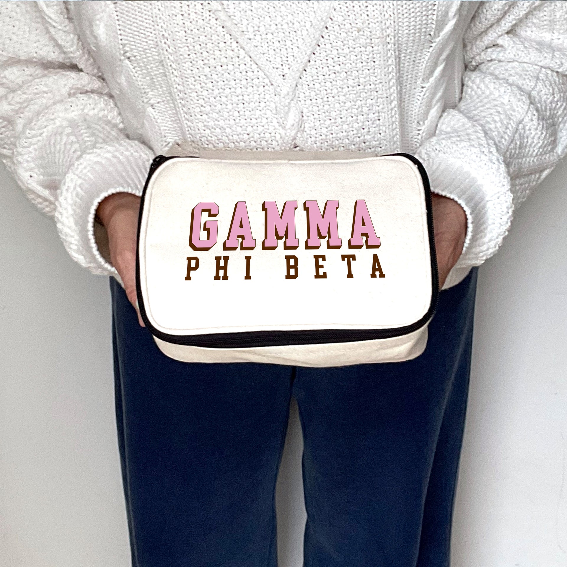 Angled view of Gamma Phi Beta 3D Print Sorority Name Cosmetic Make Up Bag showcasing 3D lettering