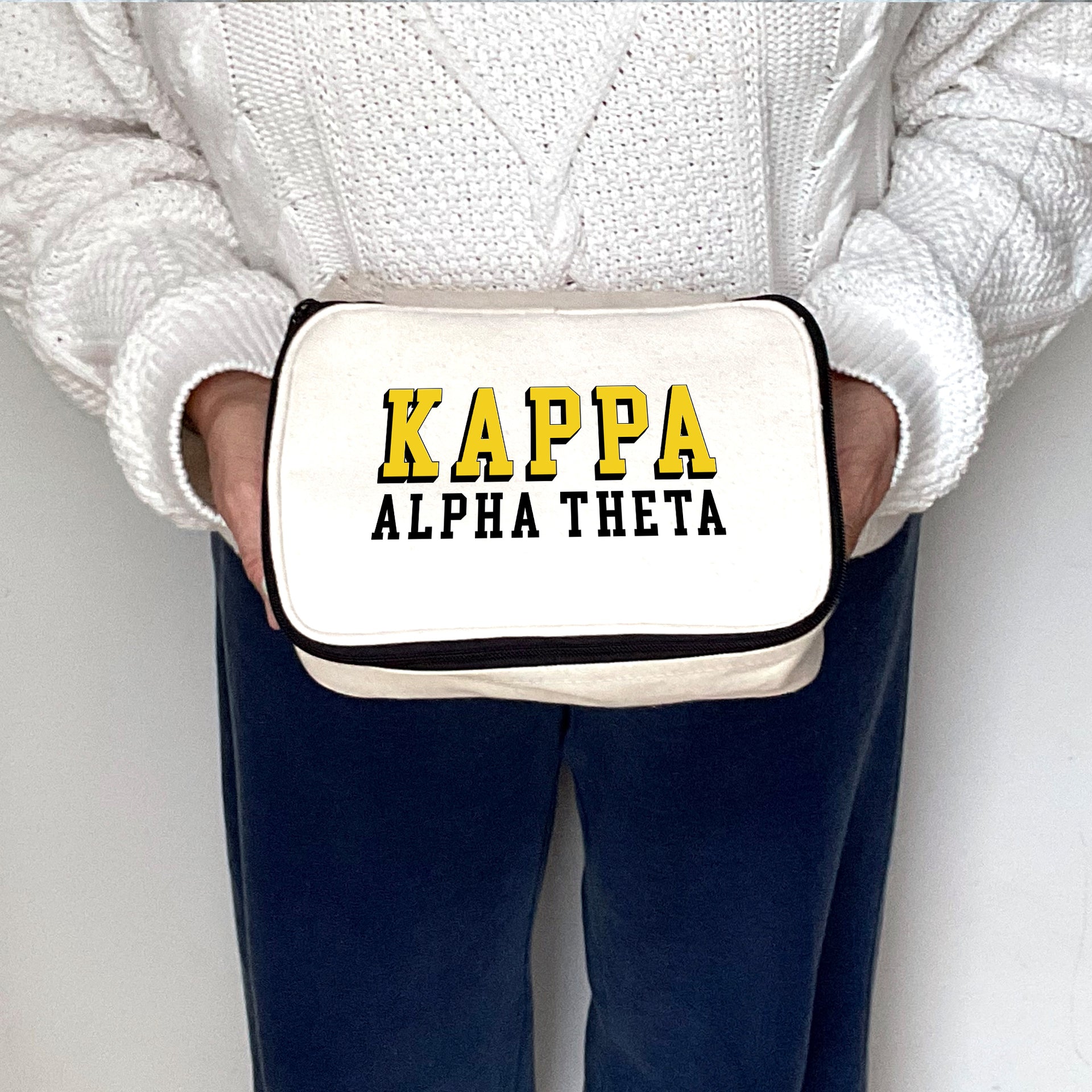 Angled view of Kappa Alpha Theta 3D Print Sorority Name Cosmetic Make Up Bag showcasing 3D lettering