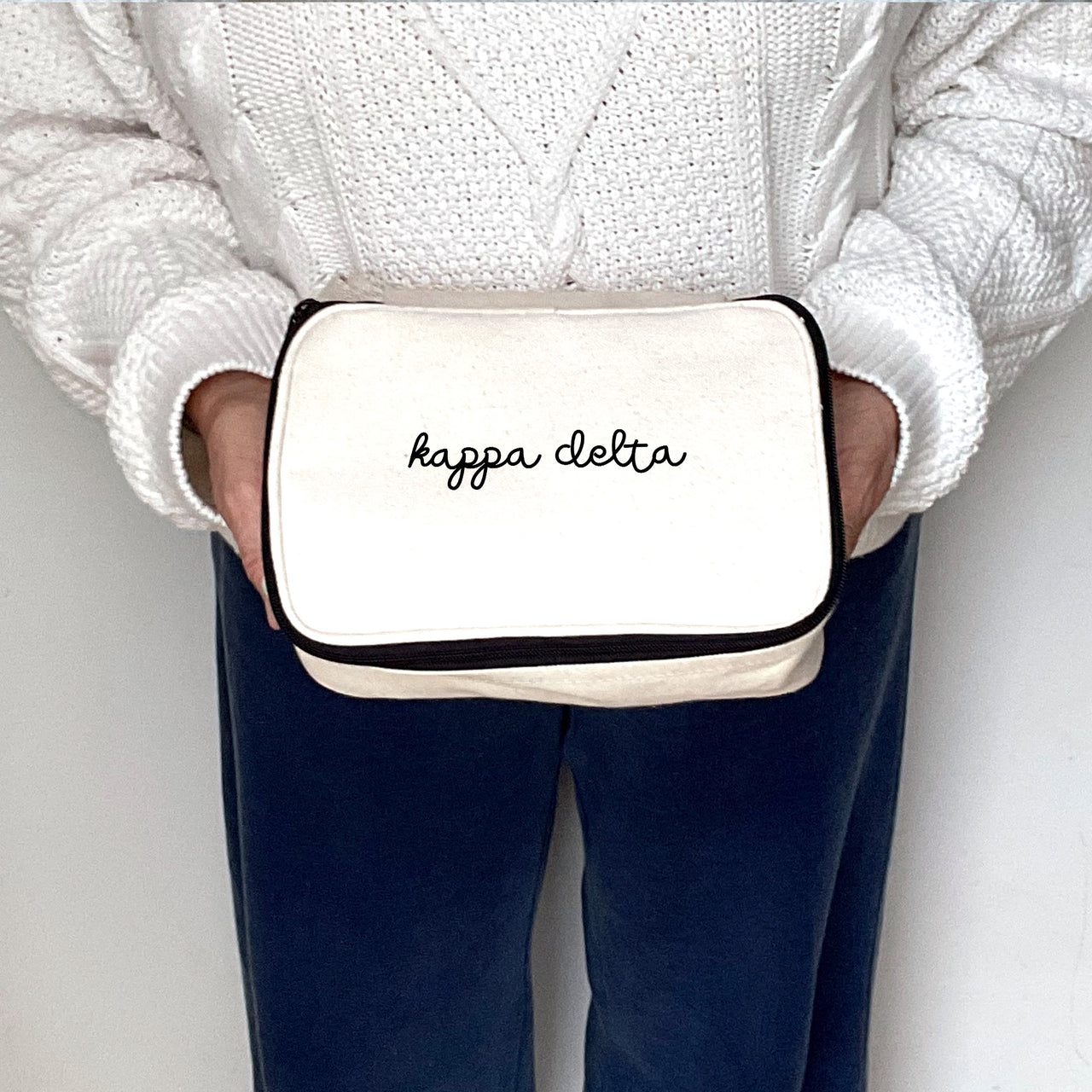 Close-up view of Kappa Delta Sorority Script Name Cosmetic Make Up Bag showing details of the design