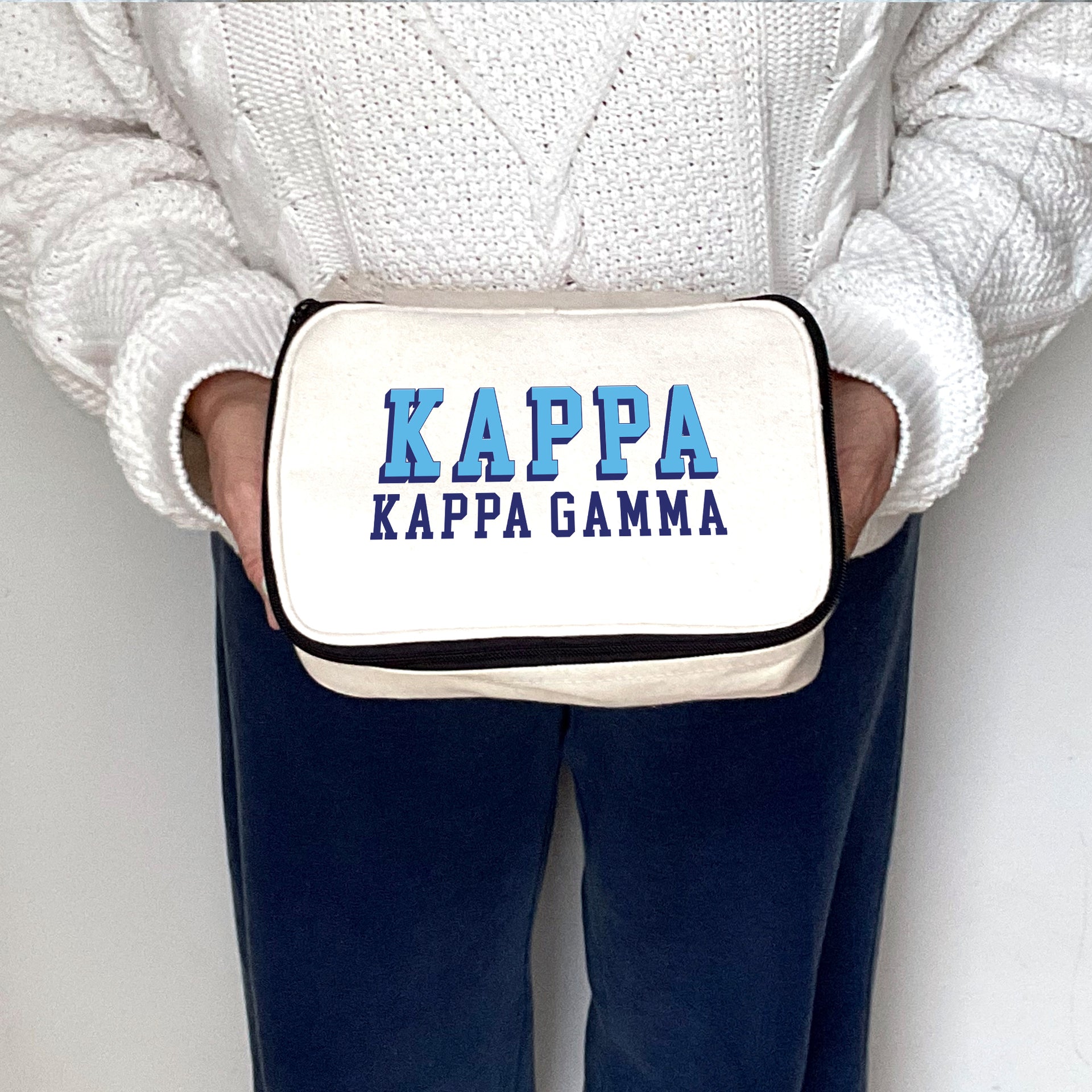 Angled view of Kappa Kappa Gamma 3D Print Sorority Name Cosmetic Make Up Bag showcasing 3D lettering