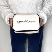 Close-up view of Sigma Delta Tau Sorority Script Name Cosmetic Make Up Bag showing details of the design