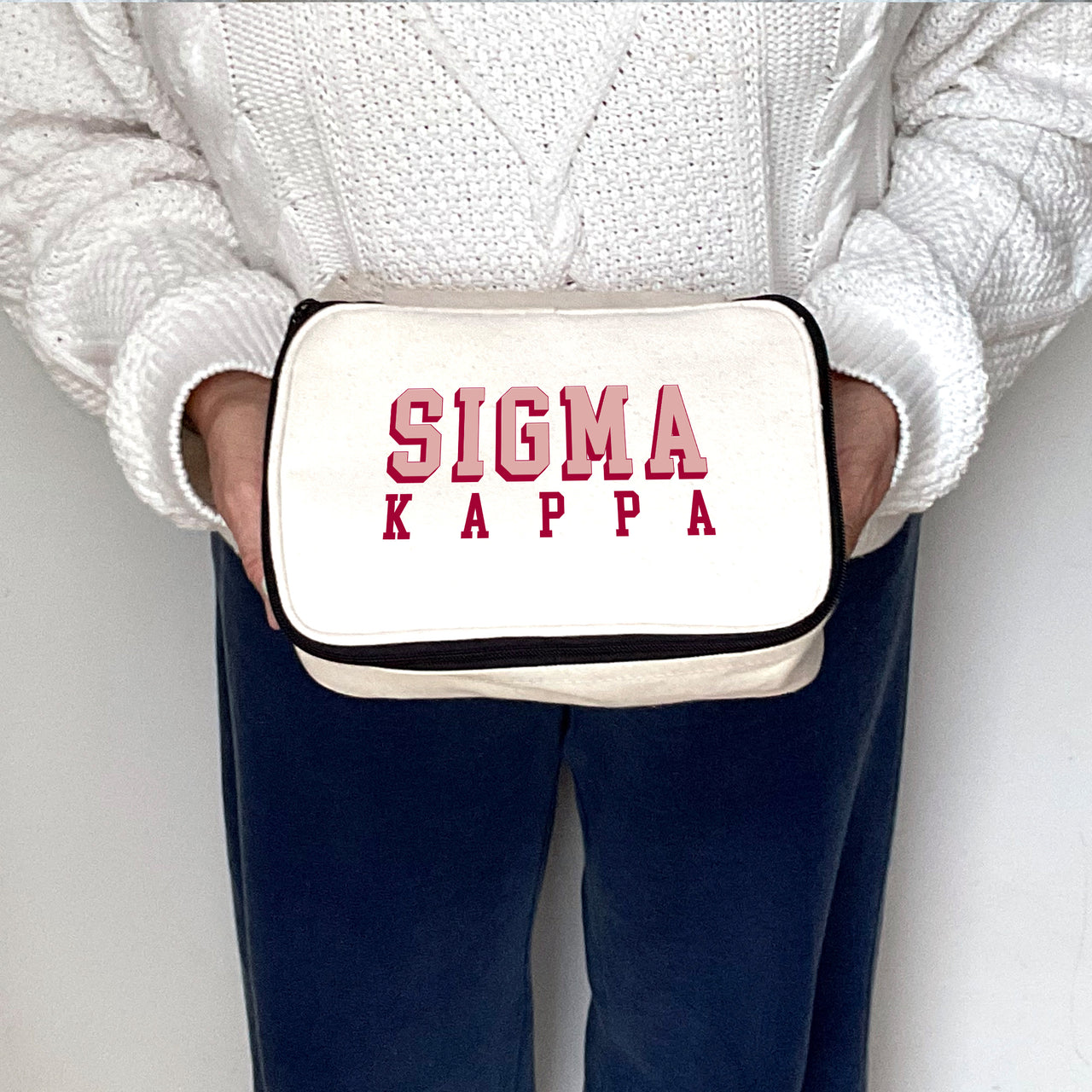 Angled view of Sigma Kappa 3D Print Sorority Name Cosmetic Make Up Bag showcasing 3D lettering