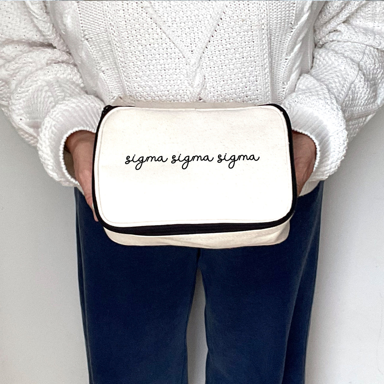 Close-up view of Sigma Sigma Sigma Sorority Script Name Cosmetic Make Up Bag showing details of the design