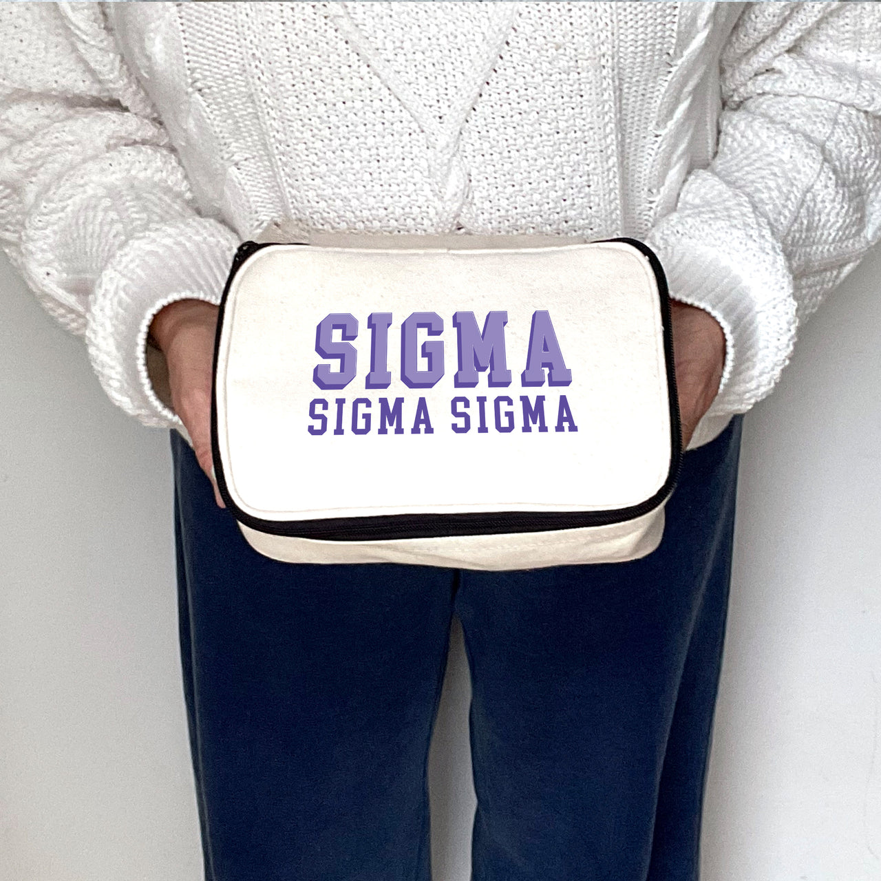 Angled view of Sigma Sigma Sigma 3D Print Sorority Name Cosmetic Make Up Bag showcasing 3D lettering