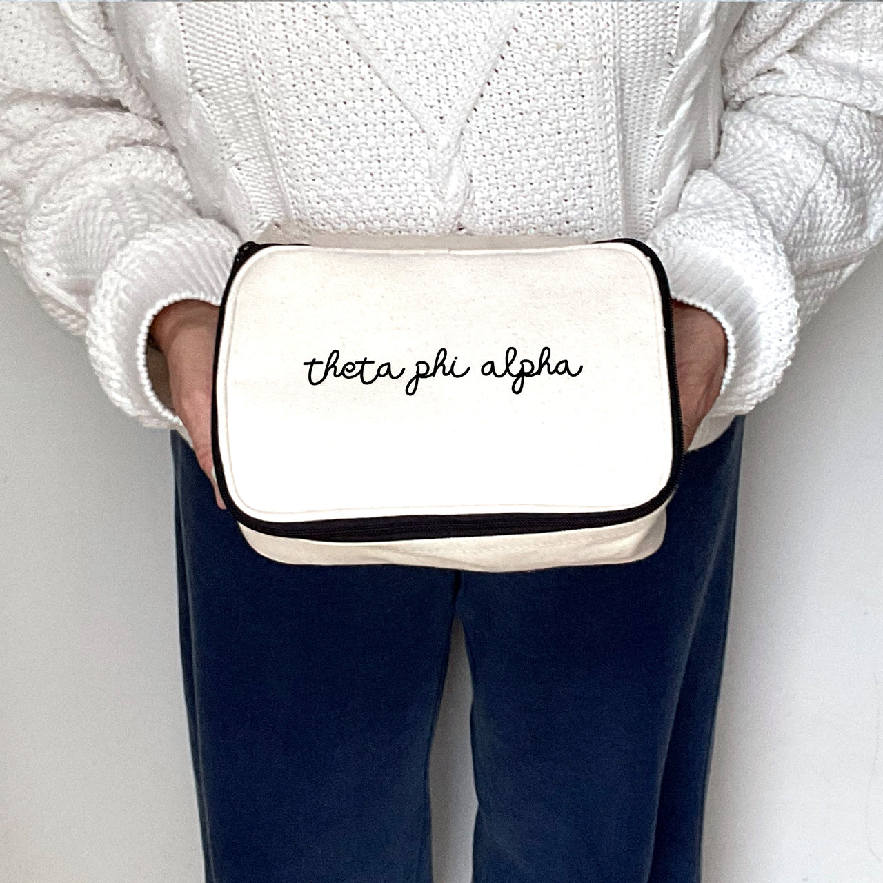 Close-up view of Theta Phi Alpha Sorority Script Name Cosmetic Make Up Bag showing details of the design
