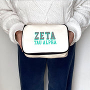 Angled view of Zeta Tau Alpha 3D Print Sorority Name Cosmetic Make Up Bag showcasing 3D lettering
