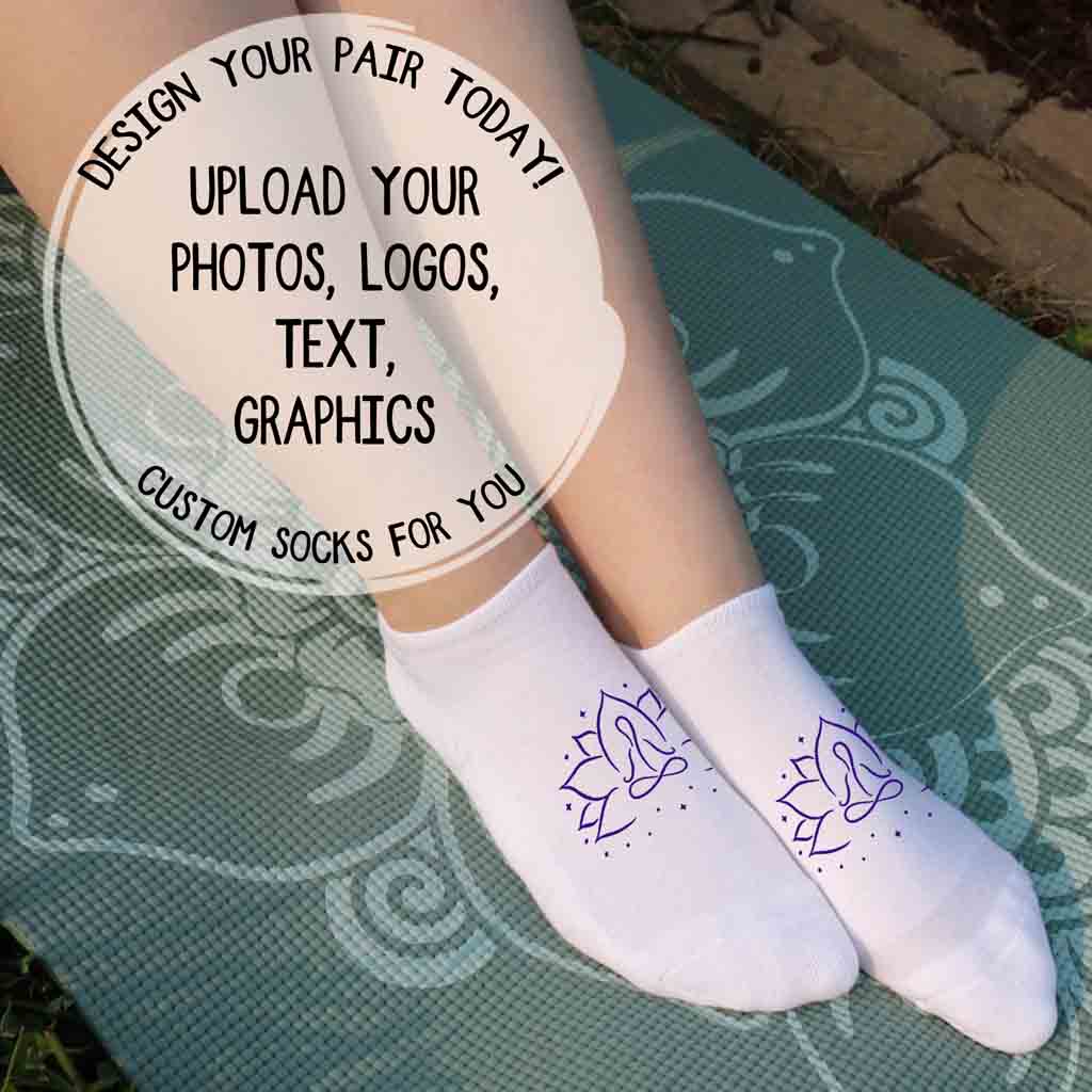 Size medium no show socks, featuring a custom logo design printed on the top to show how personalized branding appears when worn.