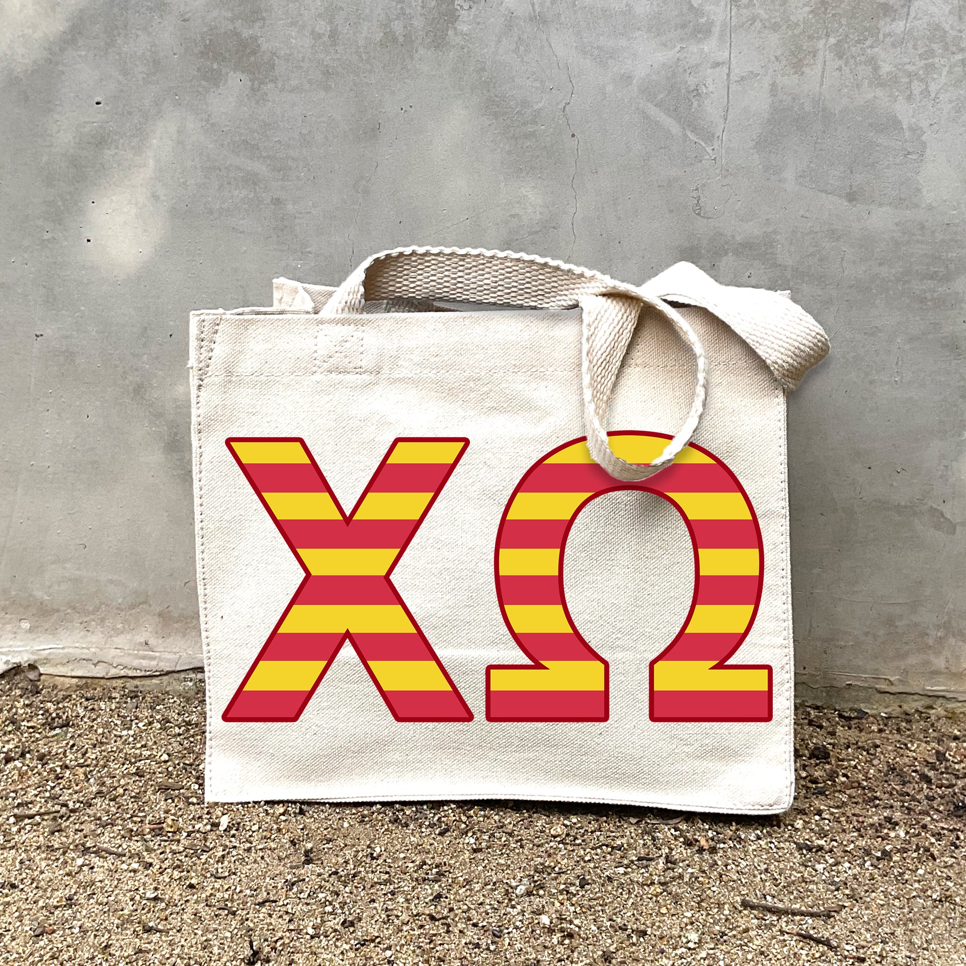 XO Black Stripe Tote in front of a gray wall