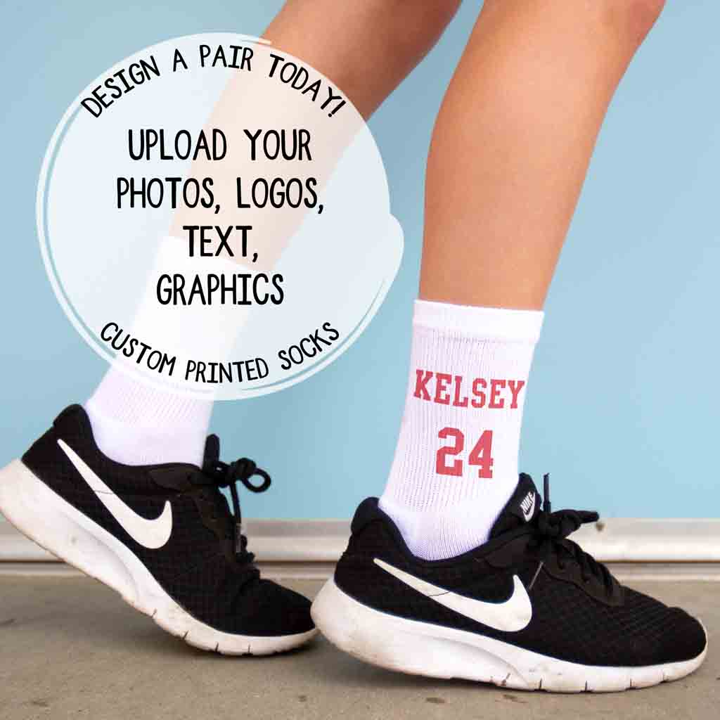 Youth white crew socks featuring a personalized sports team design, in youth sizes. Ideal for custom names, numbers, logos, photos or artwork.