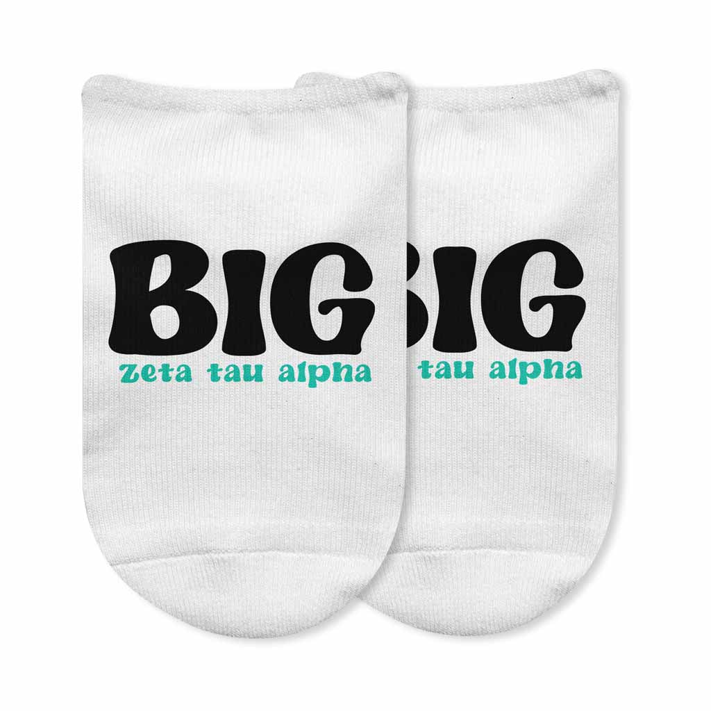 Zeta Tau Alpha Big and Little designs custom printed on white cotton no show socks.