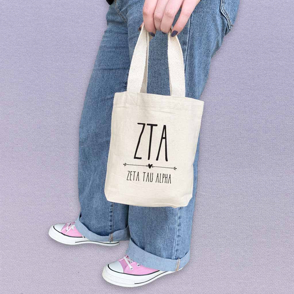 Sorority name printed with boho design on mini natural canvas tote bag makes the perfect gift for your sorority sisters.