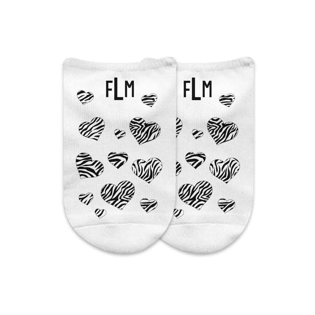 Zebra animal print heart design custom printed and personalized with your monogram initials on no show socks in a gift box set.