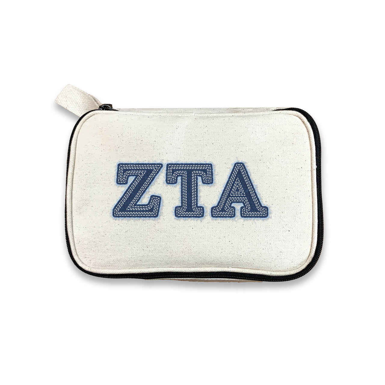 Zeta Tau Alpha canvas makeup pouch with ZTA denim-style Greek letters, displayed on white.