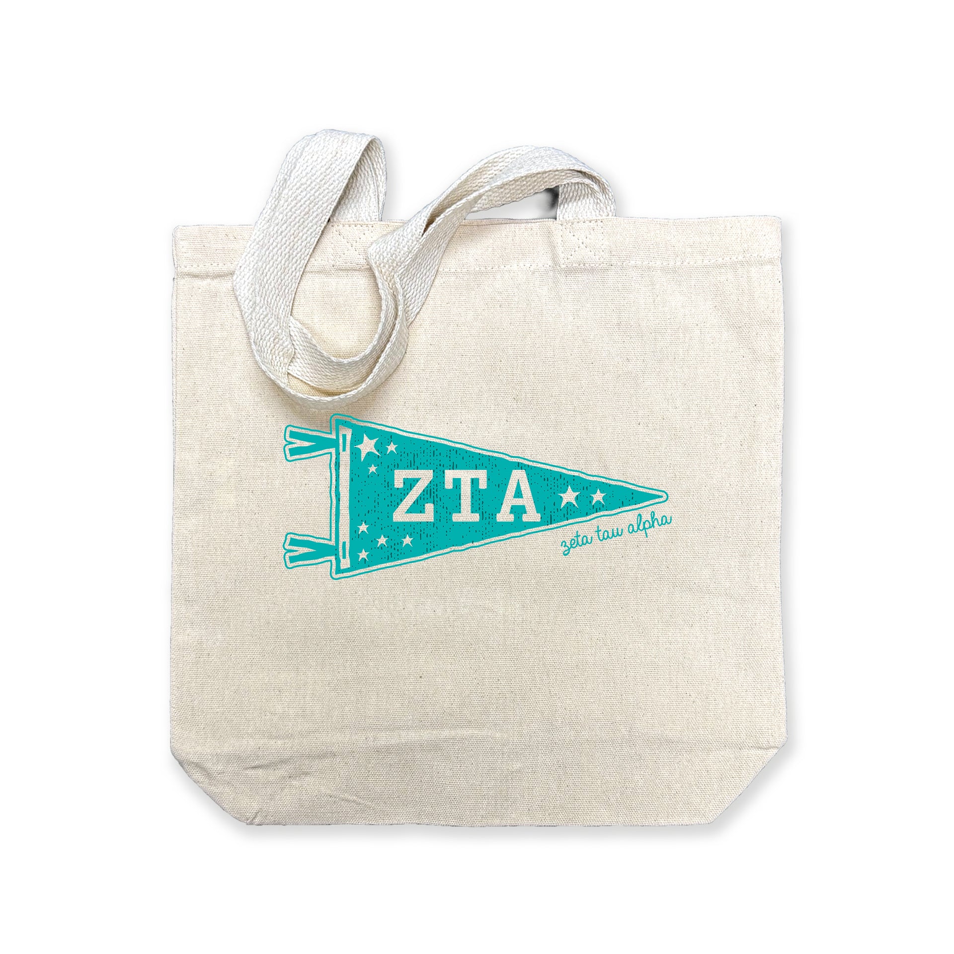 Zeta Tau Alpha collegiate pennant medium size canvas tote bag featuring ZTA Greek letters on a white background