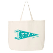 Zeta Tau Alpha collegiate pennant large canvas tote bag featuring ZTA Greek letters on a white background